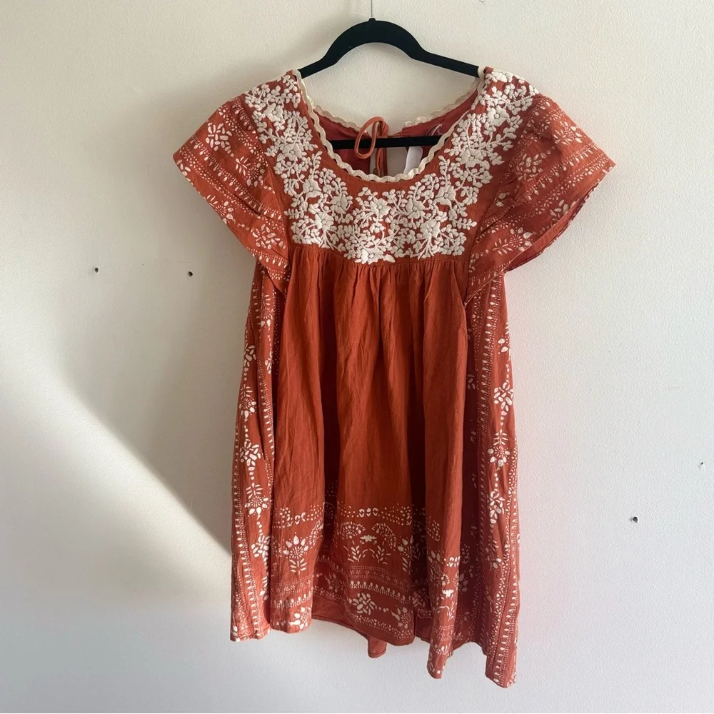 NWT BluIvy Embroidered Rust Boho Mini Dress Peasant Ruffles 100% Cotton Small - Picture 8 of 8